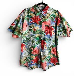Vintage Cotton Tropical Floral Print Short Sleeve Button-Up Shirt